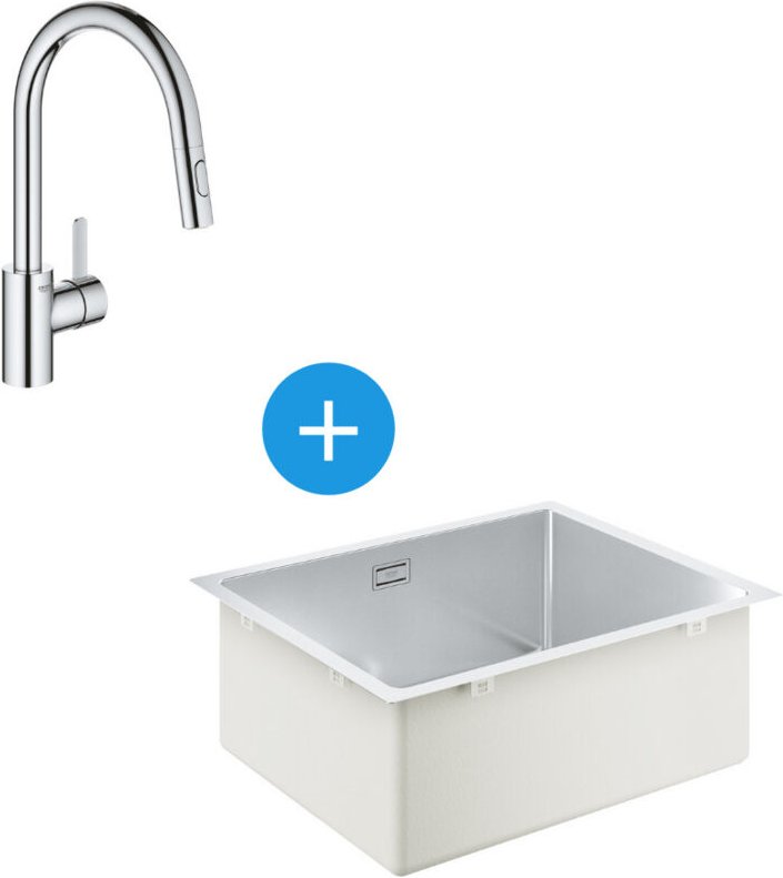 Thumbnail - Kit K700 Küchenspüle Unterbau 540x440mm Edelstahl + Mischbatterie Ausziehbare Handbrause 2-Strahl (31574SD1-SET5) - Groh...