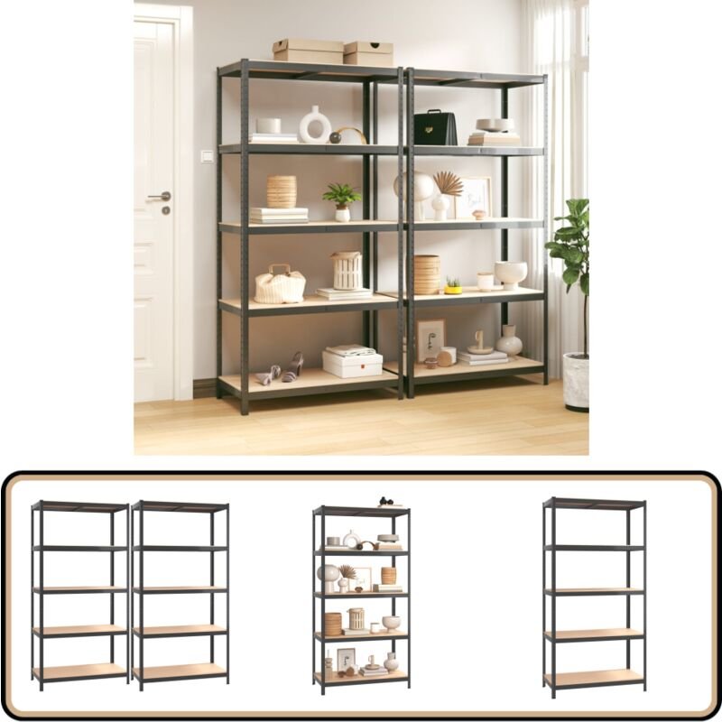 Regale mit 5 Böden 2 Stk. Anthrazit Stahl & Holzwerkstoff - Lagerregal - Industrielles Regal - Metallregal - Holzelement...