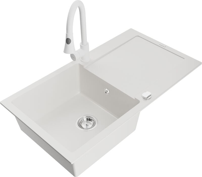 Thumbnail - Leo 1 Becken-Granitspüle mit Abtropffl√§che und Mischbatterie Elia, Wei√ü - 6501-20-670101-20 - Mexen