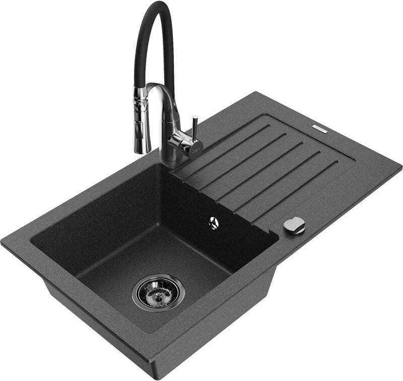 Mexen Pablo 1 Becken-Granitspüle mit Abtropffläche und Mischbatterie Aster, Schwarz gesprenkelt - 6510-76-73450-07-B