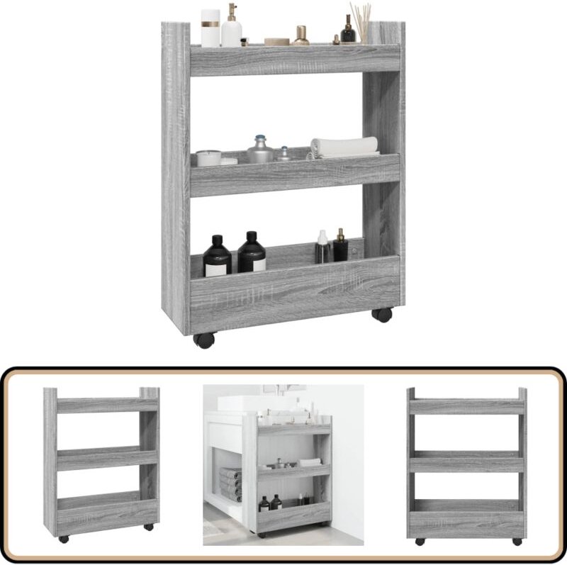 Aufbewahrungswagen Schmal 3 Etagen Grau Sonoma Holzwerkstoff - Vidaxl