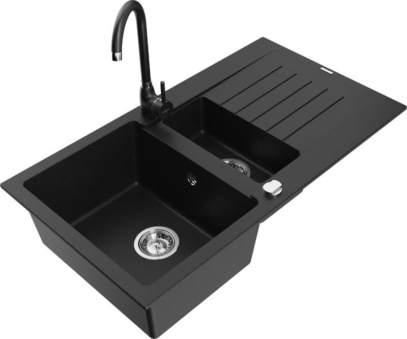 Matias 1,5-Becken-Granitspüle mit Abtropffläche und Mischbatterie Telma, Schwarz - 6502-77-670 - Mexen