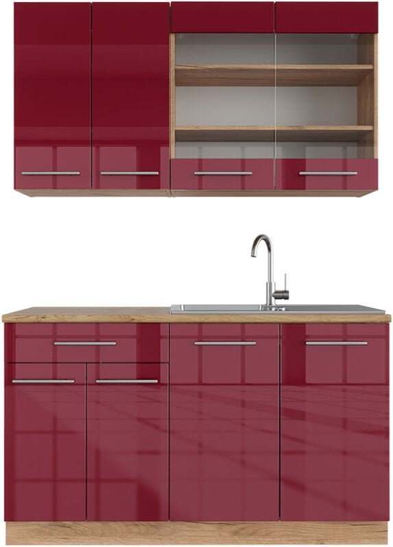 Singleküche Fame-Line, Bordeaux Hochglanz/Goldkraft Eiche, 140 cm , AP Eiche, Vicco