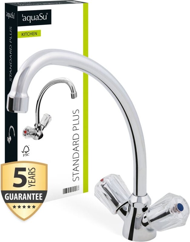 'aquaSu® Zweigriffmischer Standard Plus für Küchenspüle Schwenkbarer HU-Auslauf Höhe 26 cm Auslaufhöhe 21,3 Chrom Wasser...