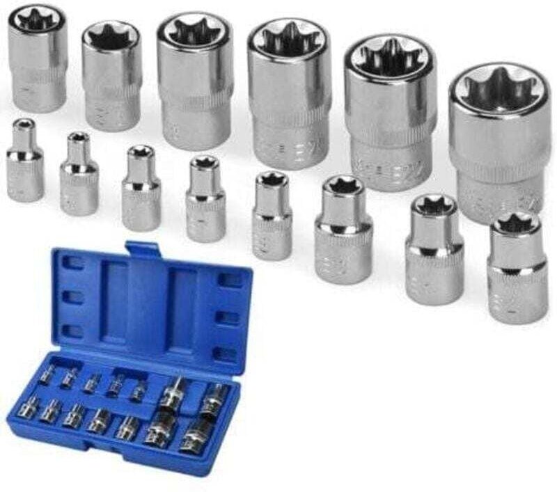14-teiliger Steckschlüsselsatz E4 – E24 Sechskant-Steckschlüsseleinsätze auf 1/4", 1/2" und 3/8" Schienen,