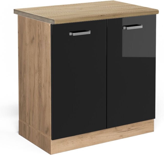 Vicco - Spülenunterschrank R-Line, Schwarz Hochglanz, 80 cm , ap Eiche