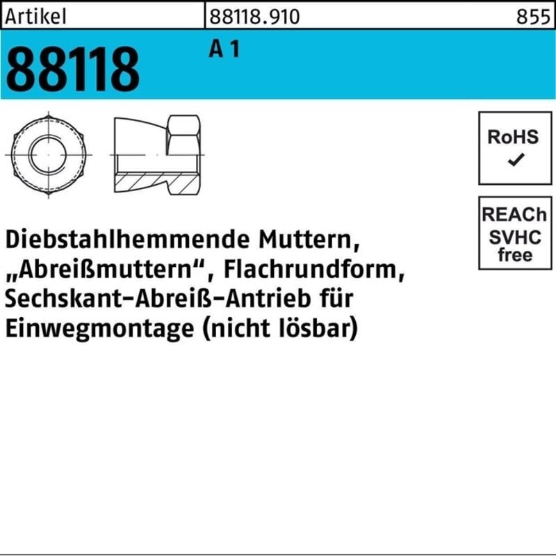 Mutter R 88118 diebstahlhemmend M 12 x 9 A 1