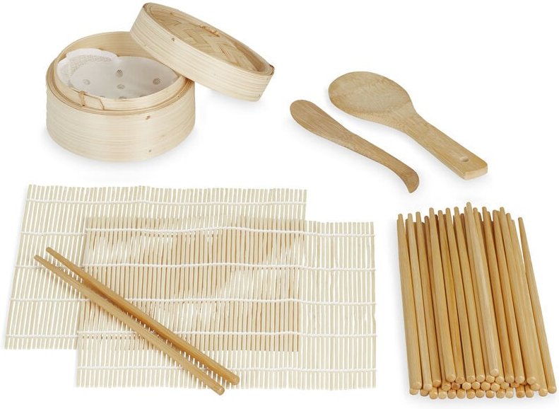 Thumbnail - Sushi Set, Bambus, 2 Sushimatten, Dampfgarer, 20 Paar Essstäbchen, Reislöffel, Reisspatel, Sushimaker, natur - Relaxdays