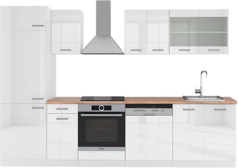 Vicco - Küchenzeile R-Line, Weiß Hochglanz/Weiß, 300 cm , ap Eiche