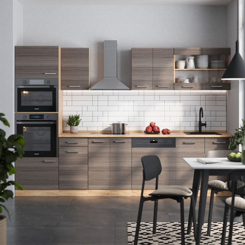 Thumbnail - Vicco - Küchenzeile R-Line, Edelgrau/Goldkraft Eiche, 300 cm mit Hochschrank, ap Anthrazit