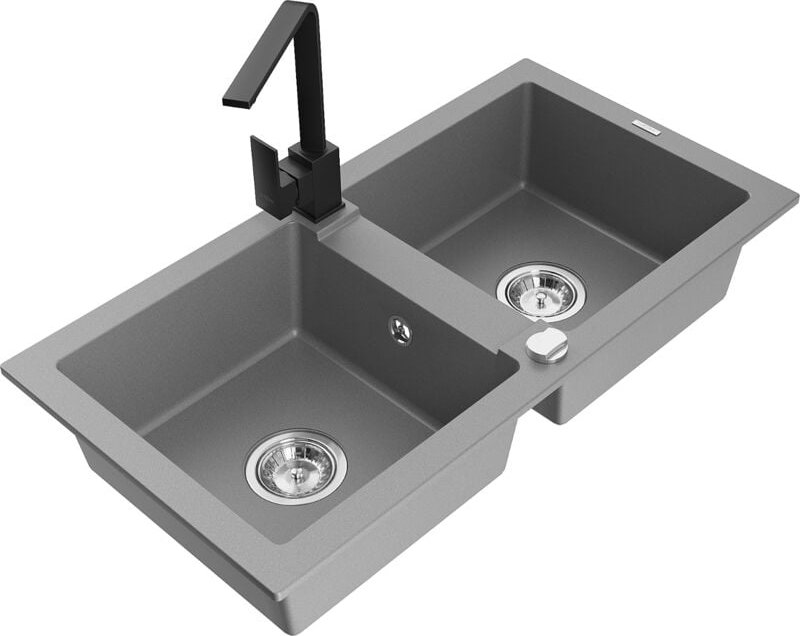 Mario 2-Becken-Granitspüle mit Mischbatterie Rita, Grau - 6504-71-670300-70 - Mexen