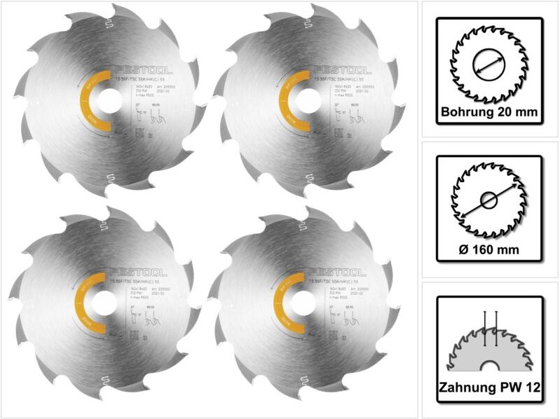4x Kreissägeblatt Wood Rip Cut hw 160 x 1,8 x 20 mm PW12 ( 4x 205550 ) für Tauchsägen ts 55 f, tsc 55 k & Handkreissägen...