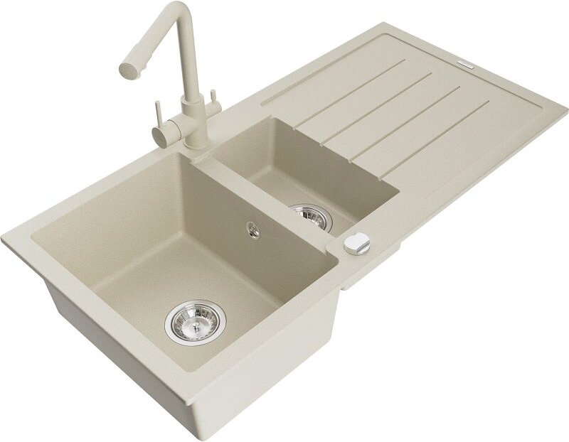 Andres 1,5-Becken-Granitspüle mit Abtropffl√§che und Mischbatterie Duero, Beige - 6515-69-671600-69 - Mexen