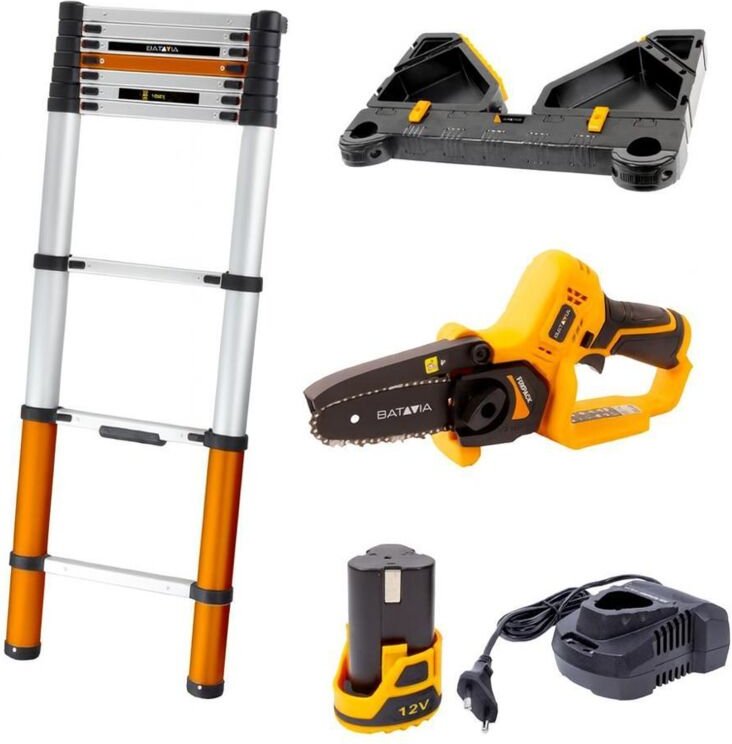 Teleskopleiter-Set – Premiumleiter, Werkzeugablage und 12V Mini-Kettensäge zum einfachen Beschneiden (2,93 m / 3,27 m / ...