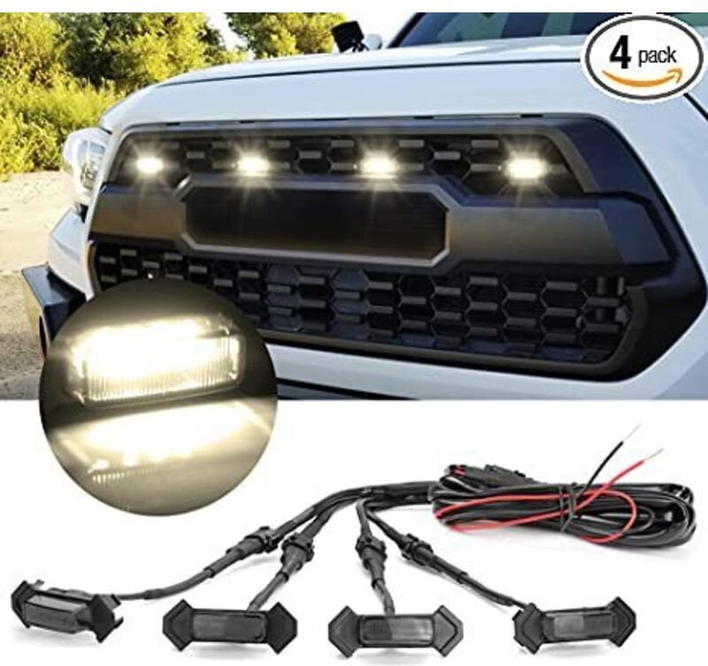 LED-Kühlergrillleuchten (4 Stück, schwarzes Gehäuse mit warmweißem Licht) mit Kabelbaum und Sicherung für den Kühlergril...