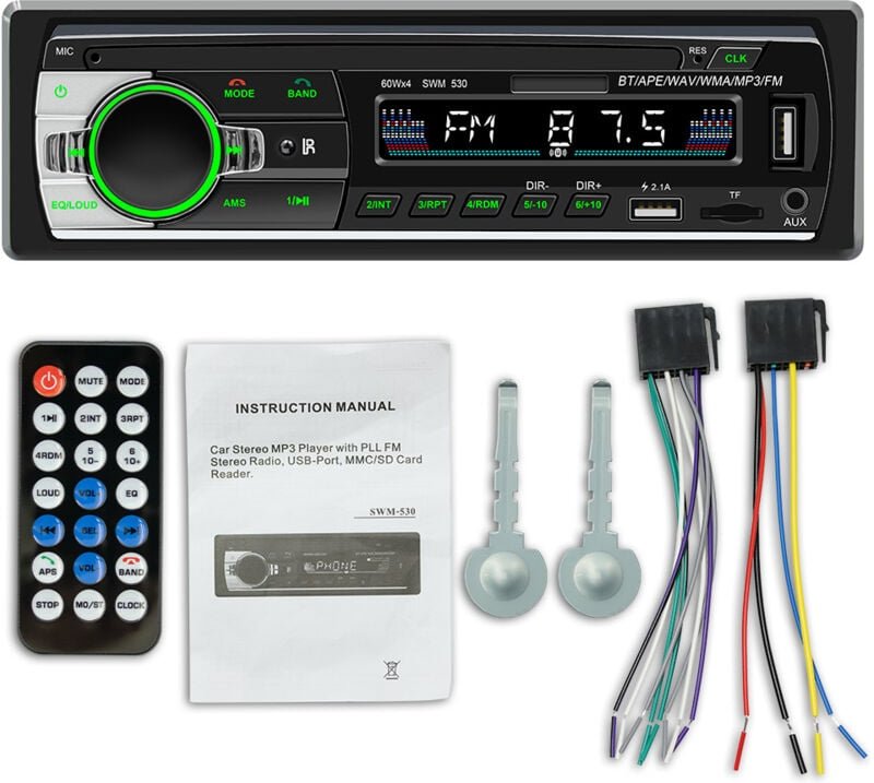 Bluetooth-Autoradio, 1-DIN-Autoradioempfänger mit MP3-WMA-FM-Player-Fernbedienung, zwei USB-Anschlüssen, Freisprech-Ster...