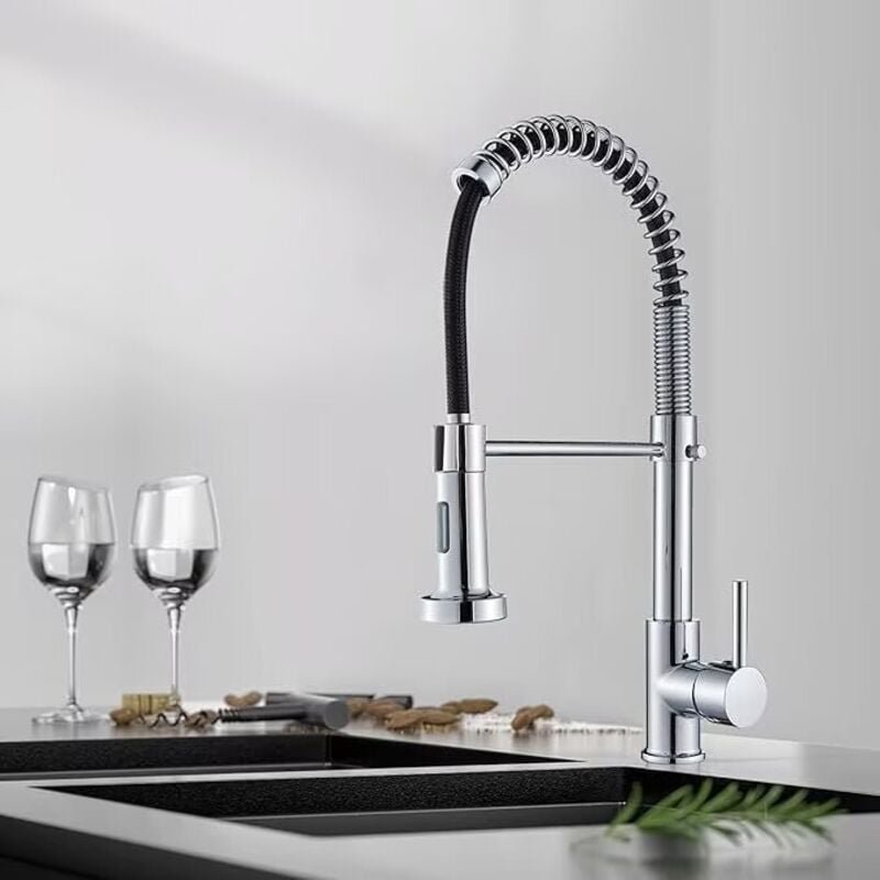 Thumbnail - Wasserhahn Küche Verchromt, Hoher Bogen Hochdruck Küchenarmatur mit Herunterziehen Brause Armatur, Mischbatterie Spültis...