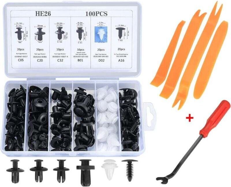 Packung mit 100 universellen Kunststoff-Kotflügelclips, Stoßstangen-Befestigungsclip-Set mit Werkzeug zum Entfernen von ...