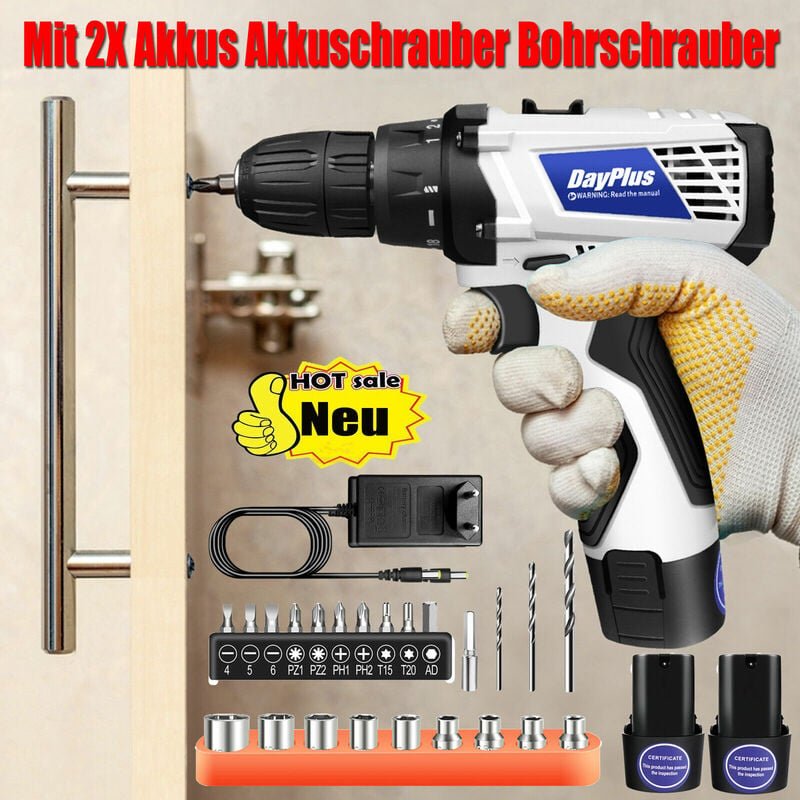 Akkuschrauber 45N.M Akku-Bohrschrauber Tool led Bohrmaschine Koffer mit 2X Akkus