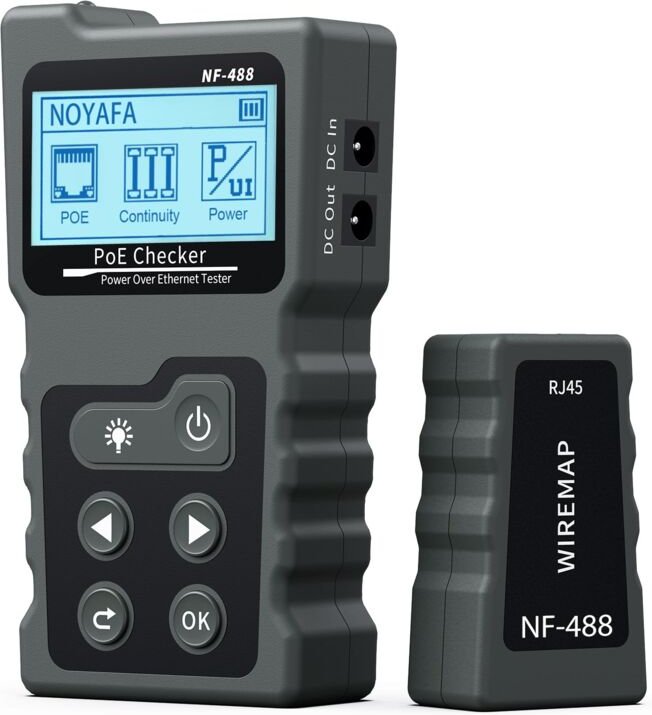 Jusch - PoE-Spannungs- und Stromtester mit LCD-Kabeltester mit POE-Funktion, Netzwerkkabeltester Netzwerktester, NF-488