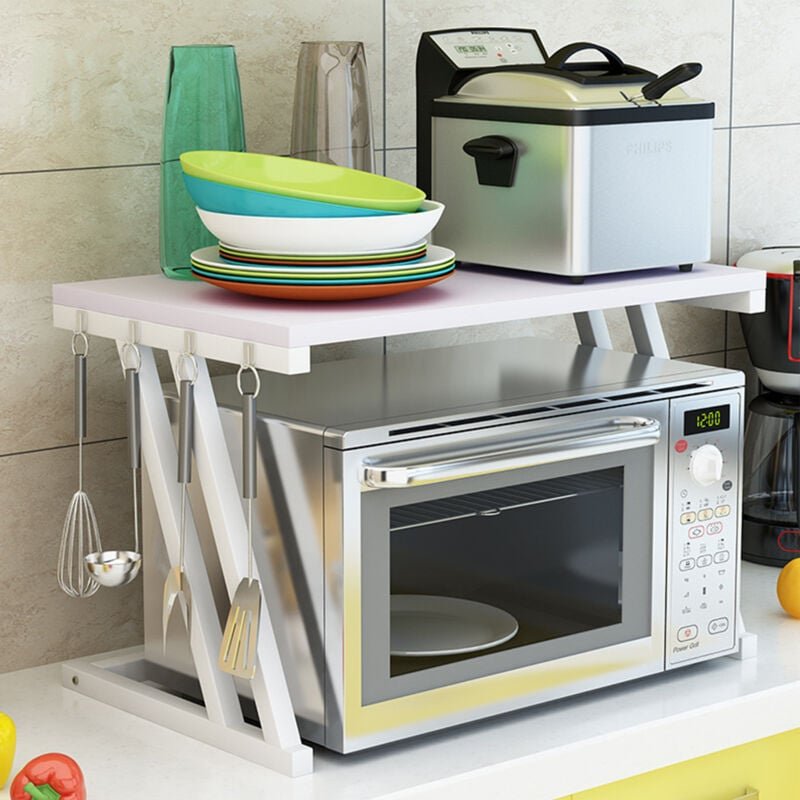 Thumbnail - Mikrowellen Regal Küchenregal Arbeitsplatte Microwave Shelf/Organizer mit 4 Hacken Stehend Lagerregal Gewürzregal / Weiß