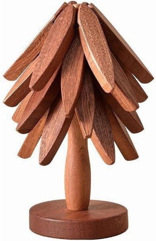 Untersetzer aus Holz in Baumform mit Halter, 4er-Set, faltbarer Küchenuntersetzer in Baumform, hitzebeständiges Sapeli-H...