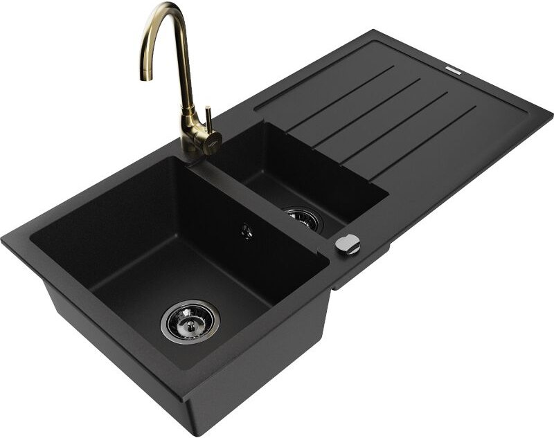 Andres 1,5-Becken-Granitspüle mit Abtropffl√§che und Mischbatterie Telma, Schwarz - 6515-77-670200-50-B - Mexen