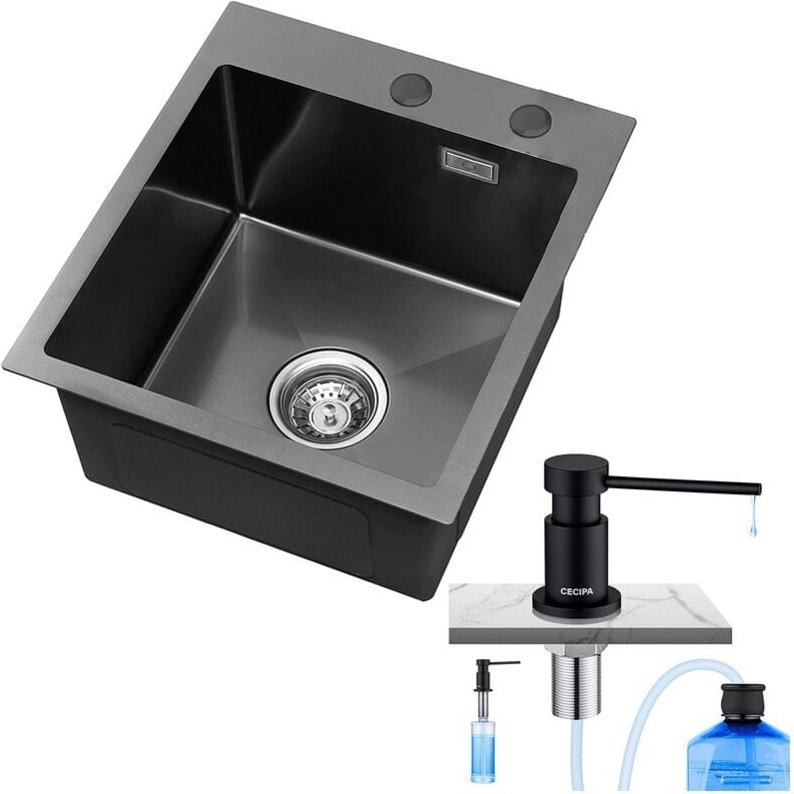 Spülbecken 40 45 cm Küchenspüle mit Über- und Ablaufgarnitur, Einbauspüle Edelstahl Becken Anthrazit + Seifenspender Sch...