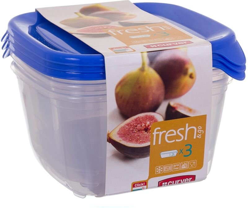 Curver zestaw pojemników kwadratowych fresh&go 3x1,2l /niebieski/ transparentny