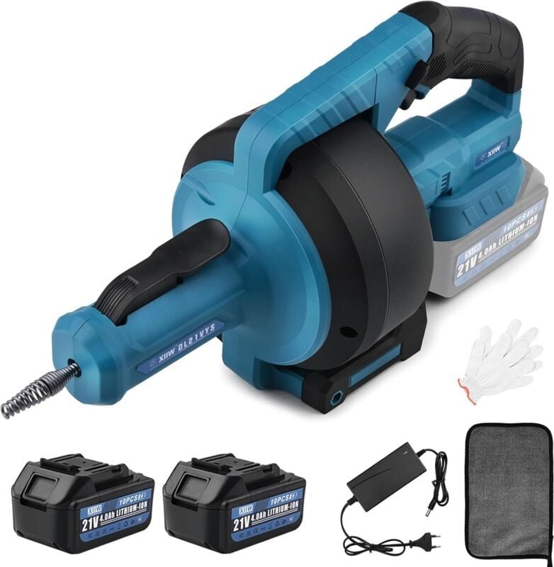 21V Akku Rohrreinigungsmaschine 610 U/min mit 2x 4.0Ah Akku Ø9mm 7.6M Rohrreinigungsspirale für Ø16-85 mm Rohrleitungen,...