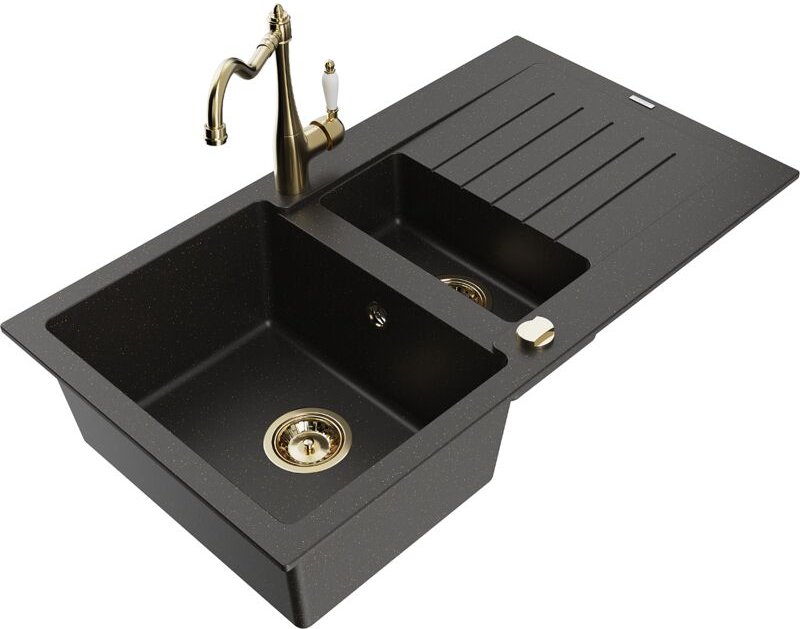 Matias 1,5-Becken-Granitspüle mit Abtropffläche und Mischbatterie Carla, Schwarz/Gold metallis - Mexen