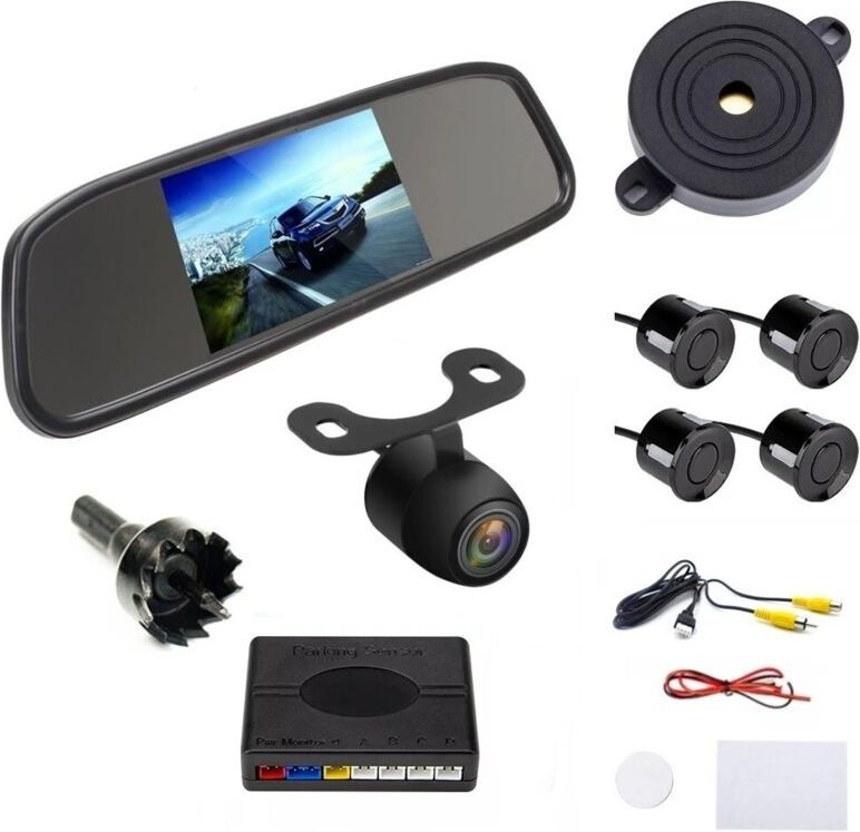 Rückfahrkamera, 4 Parksensoren, 12V Spiegelbildschirm - Set