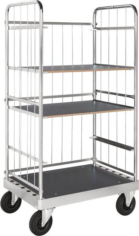 Kongamek Etagenwagen verzinkt 1900mm hoch 3 Drahtwände mit 4 Ladeflächen 1105x742mm aus MDF mit Bremse
