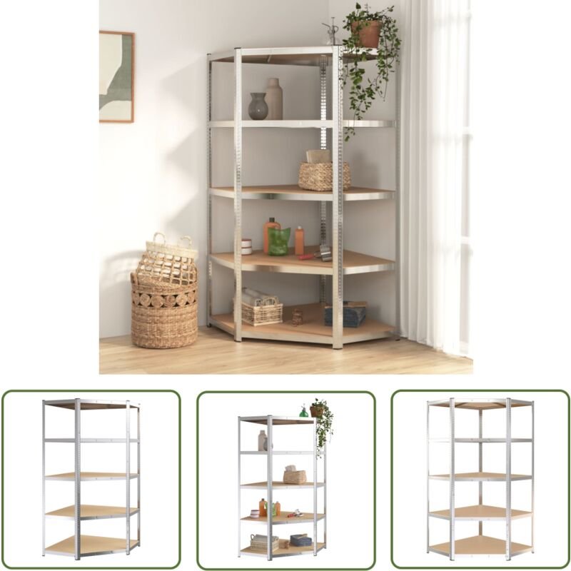 Eck-Schwerlastregal 5 Böden Silbern Stahl & Holzwerkstoff - Eckregal - Schwerlastregal - Industrieregale - Metallregal -...