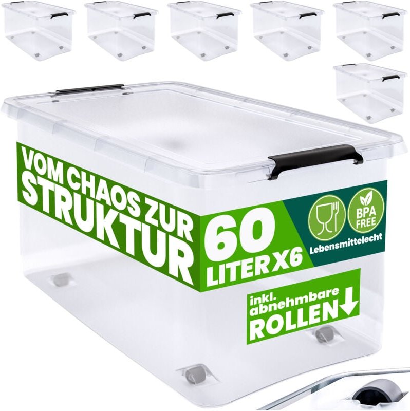 Aufbewahrungsbox transparent Stapelbox Ordnungsbox 30L 60L Deckel aufklappbar stapelbar Rollen bpa frei lebensmittelecht...