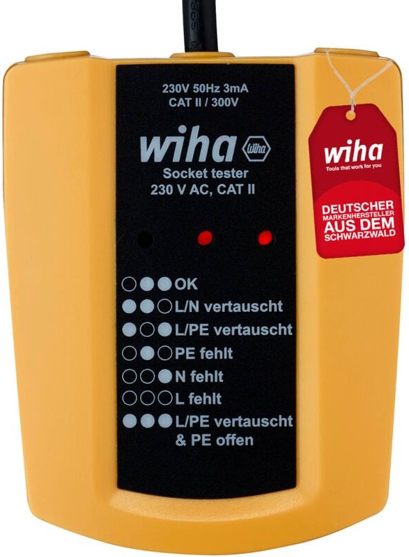 Steckdosentester 230 v ac, cat ii inkl. 2x AAA-Batterien i mit flexiblem Kabel i LED-Anzeige (45220) - Wiha