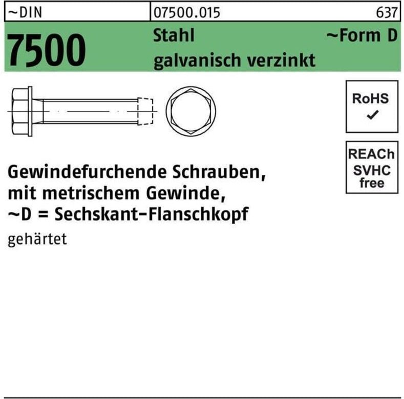 Thumbnail - DIN 7500 Form D Gewindefurchende Sechskant-Flanschschraube VG M4x16 Stahl galvanisch verzinkt 1000 Stk