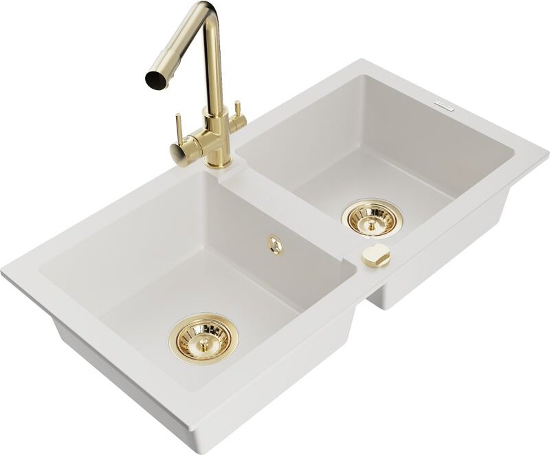 Mario 2-Becken-Granitspüle mit Mischbatterie Duero, Weiß - 6504-20-671600-50 - Mexen