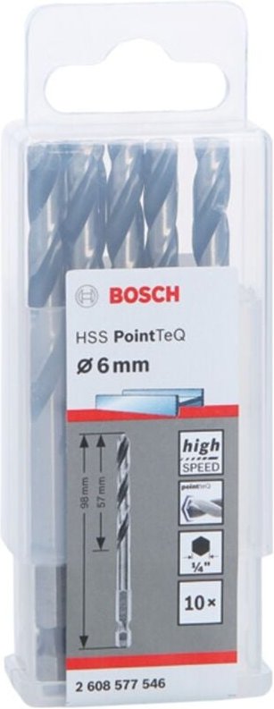 Bosch - hss Spiralbohrer mit Sechskantschaft PointTeQ Hex, 6 x 57 x 98 mm, 10er-Pack