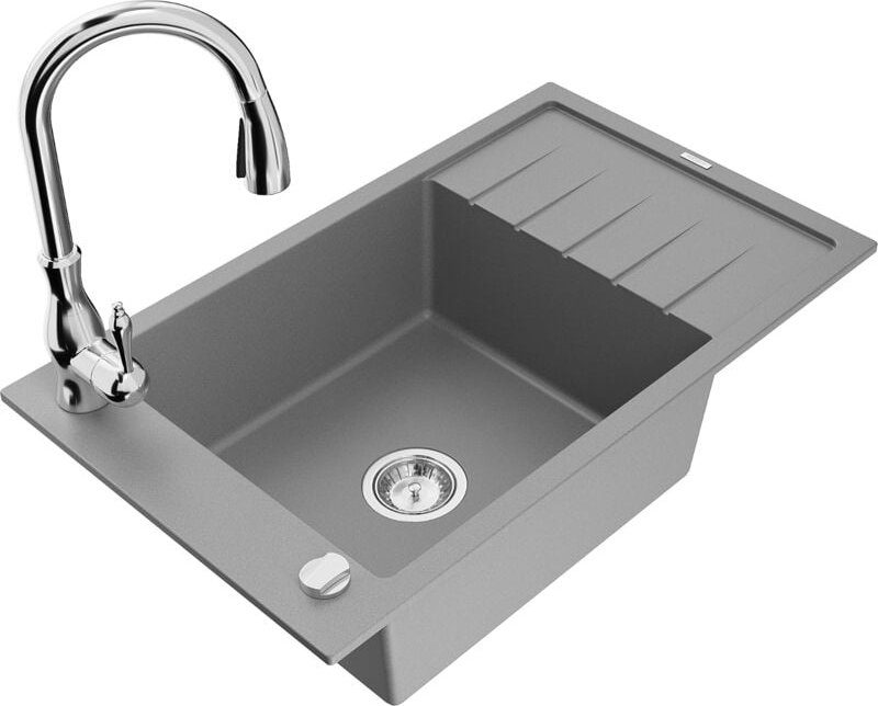 Elias 1 Becken-Granitspüle mit Abtropffläche und Mischbatterie Savita, Grau - 6511-71-672601-0 - Mexen