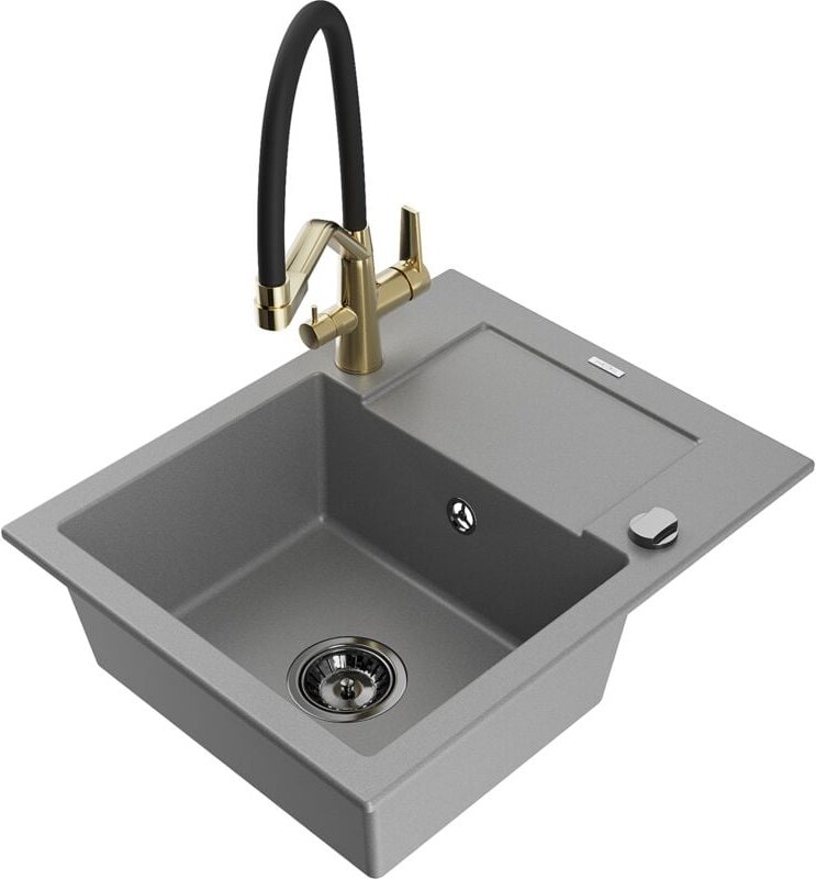 Enzo 1 Becken-Granitspüle mit Abtropffläche und Mischbatterie Duo, Grau - 6506-71-671701-57-B - Mexen