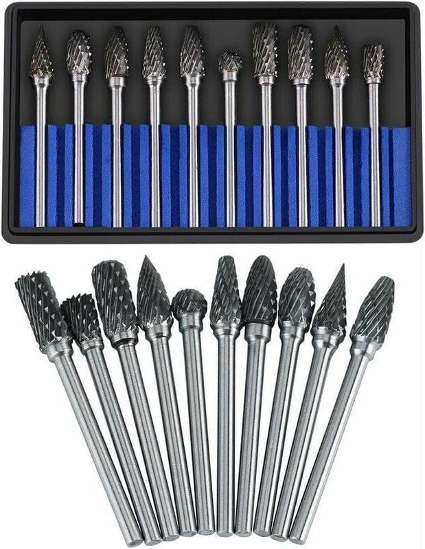 Thumbnail - Hartmetall-Frässtift-Set, Drehfeilen, Wolframstahl, 10 Stück, Durchmesser Kopfschneiden für Fräser, 3 mm Schaft, 6 mm Sc...