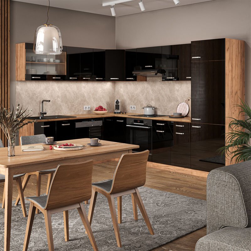 Vicco - Einbauküche R-Line, Schwarz Hochglanz/Goldkraft Eiche, 227 x 287 cm ohne Arbeitsplatte