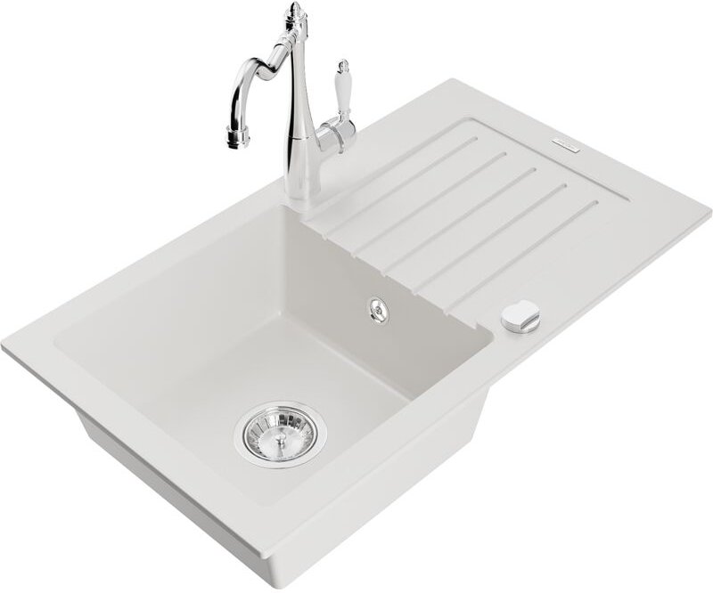 Pablo 1 Becken-Granitspüle mit Abtropffläche und Mischbatterie Carla, Weiß - 6510-20-670700-00 - Mexen