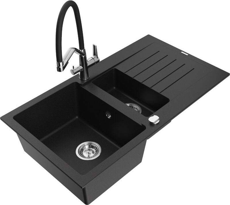 Matias 1,5-Becken-Granitspüle mit Abtropffläche und Mischbatterie Duo, Schwarz - 6502-77-67170 - Mexen