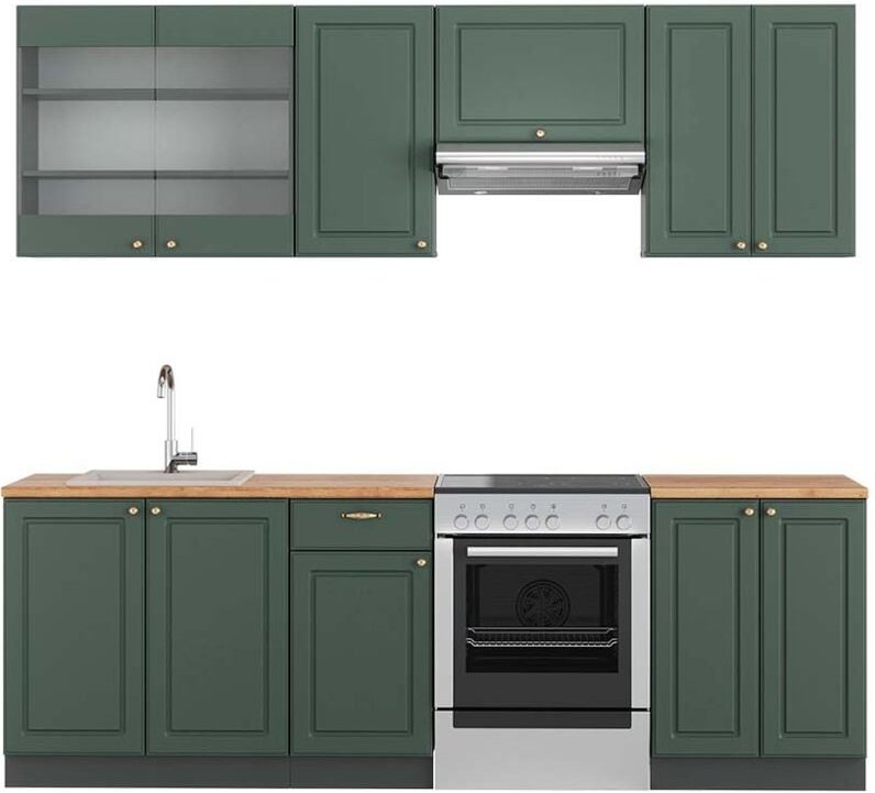 Vicco - Küchenschränke Fame-Line, Grün-Gold Landhaus/Anthrazit, 240 cm , ap Eiche