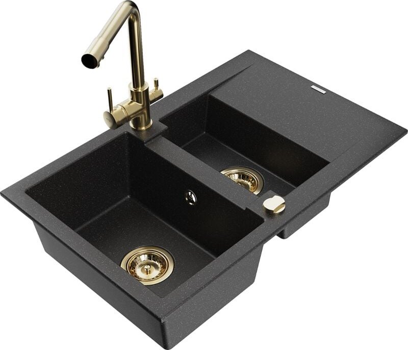 Gaspar 1,5-Becken-Granitspüle mit Abtropffläche und Mischbatterie Duero, Schwarz/Silber - 6507 - Mexen