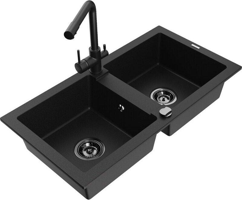 Mario 2-Becken-Granitspüle mit Mischbatterie Duero, Schwarz - 6504-77-671600-70-B - Mexen