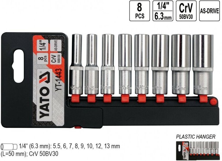 Yato - Steckschlüsselsatz Set 1/4 Zoll 5,5 - 13mm Nüsse Nuss Sechskant lang tief 8 Tlg