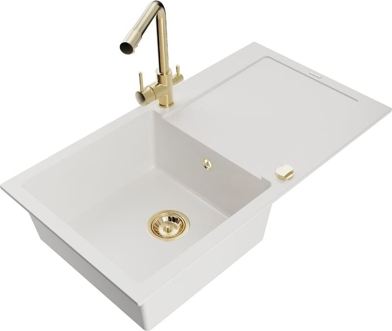 Leo 1 Becken-Granitspüle mit Abtropffläche und Mischbatterie Duero, Weiß - 6501-20-671600-50 - Mexen